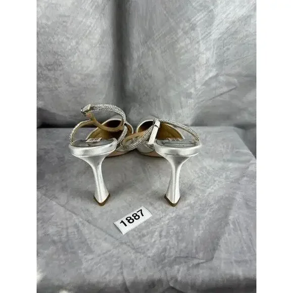 Badgley Mischka Autumn White Satin Pavé Embellished Mid Heel Pumps Shoes Sz 8.5 - Picture 3 of 9